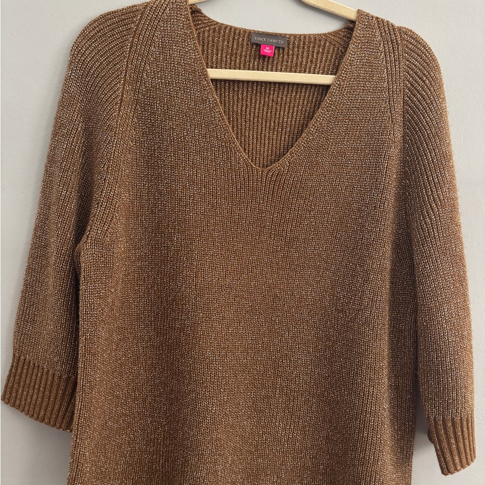 Vince Camuto Metallic Brown V-Neck Sweater